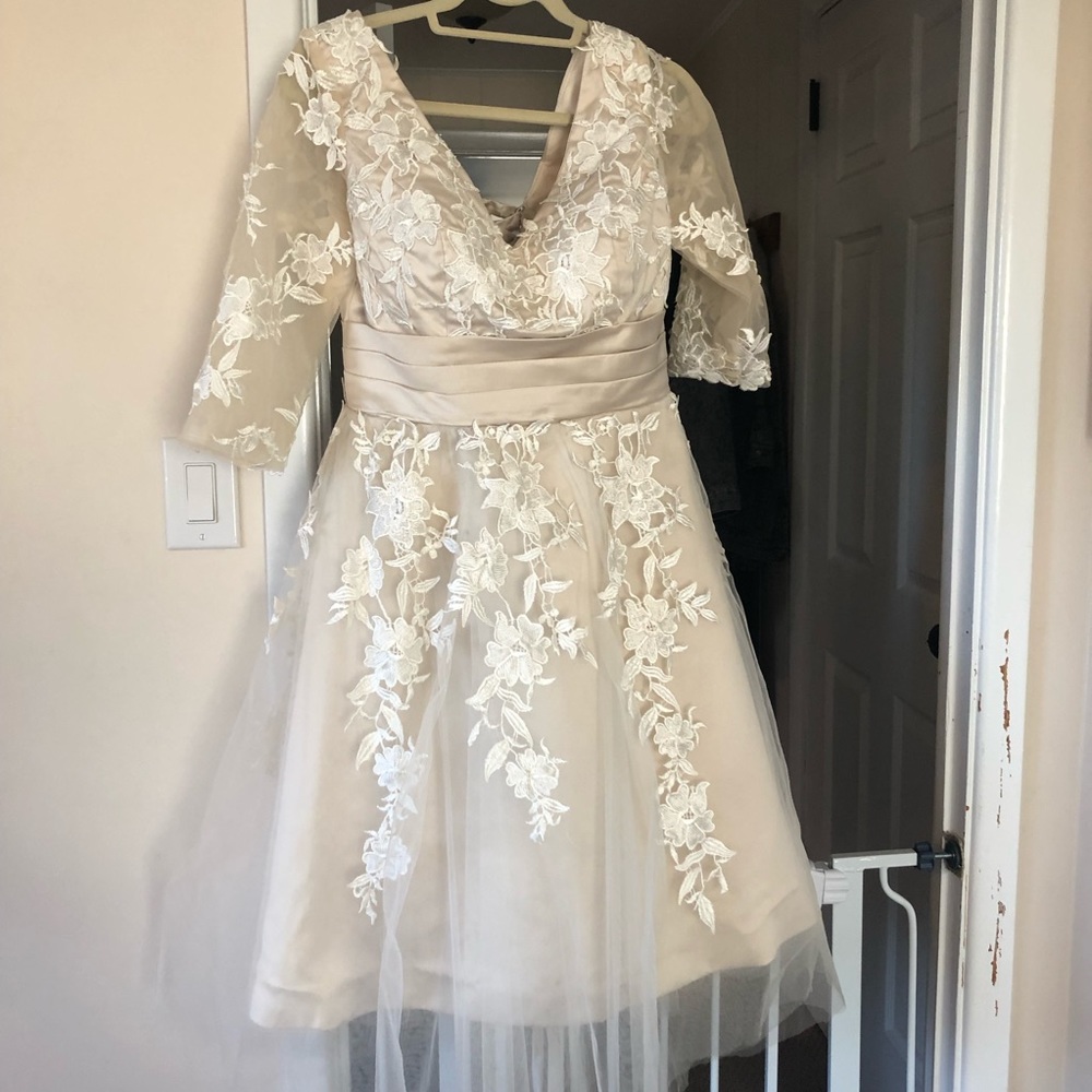 Vintage Ivory Floral Lace Tea-Length Wedding Dress